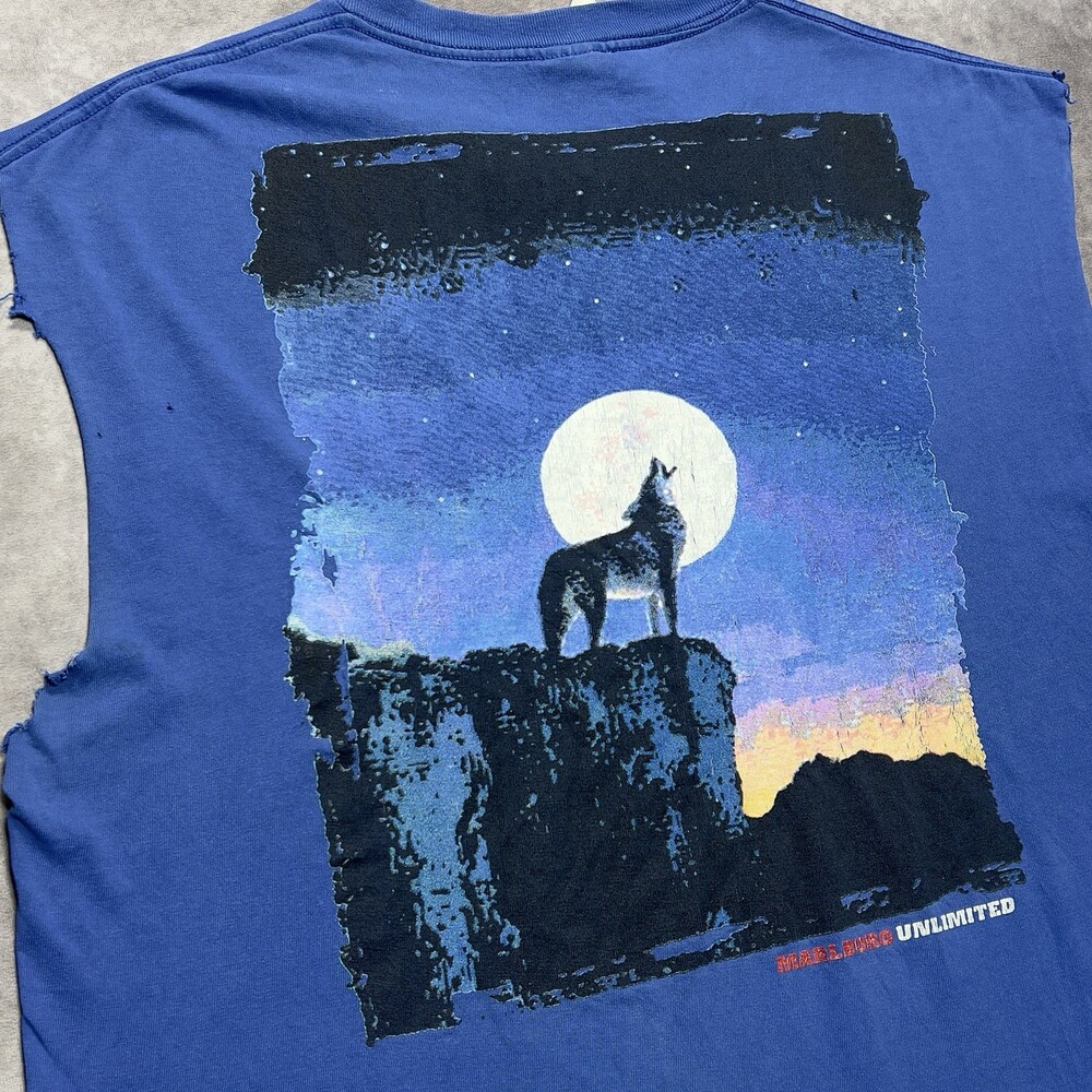 Vintage Marlboro Sleeveless Shirt Mens XL Blue Wolf Moon Pocket Thrashed